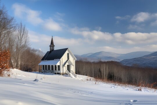 snow-covered chapel, with a view of the rolling mountains in the background, created with generative ai