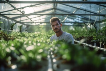 Environmental portrait photography of a satisfied boy in his 30s growing plants in a greenhouse against a scenic canyon background. With generative AI technology