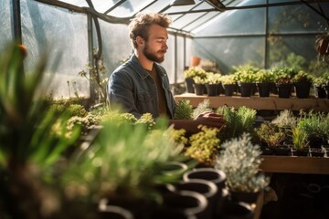 Environmental portrait photography of a satisfied boy in his 30s growing plants in a greenhouse against a scenic canyon background. With generative AI technology