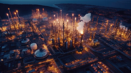 Aerial view of Oil and gas industry - refinery, Shot from drone of Oil refinery and Petrochemical plant at twilight, Generative AI