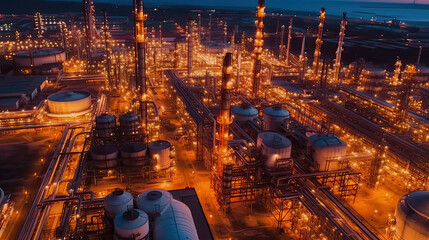 Aerial view of Oil and gas industry - refinery, Shot from drone of Oil refinery and Petrochemical plant at twilight, Generative AI