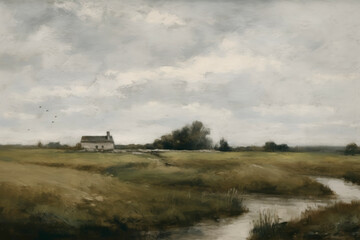 An oil painting of an English countryside view with a cloudy sky and muted green colour tone