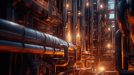 Close up Industrial view at oil refinery plant pipe line, Generative AI