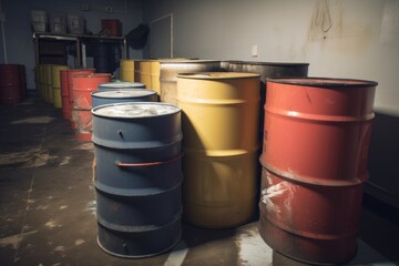 row of barrels, each containing chemical waste that needs to be cleaned up, created with generative ai