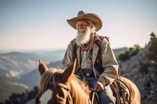 Medium Shot Portrait Photography Of A Grinning Mature Man Riding A Horse Against A Scenic Mountain Overlook Background. With Generative AI Technology