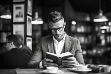 Conceptual portrait photography of a satisfied boy in his 30s reading a book against a bustling cafe background. With generative AI technology
