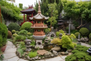 garden with china pagoda, koi pond and bonsai trees, created with generative ai