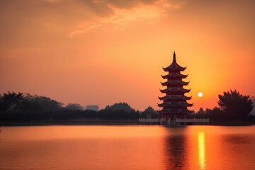 peaceful and serene sunset, with view of china pagoda against the horizon, created with generative ai