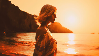 Fototapeta premium Beautiful sexy girl at the beach at sunset. Generative Ai illustration