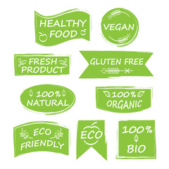 Emblems and icons for food and water packaging. Hand drawn icons and emblems of organic, vegan, bio, eco products. Banner and emblems for menus, websites, shops, marketing companies.