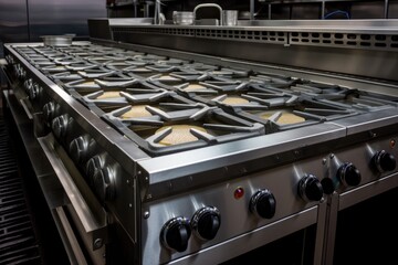 a commercial range with baking trays on each burner, ready for the chef to begin cooking, created with generative ai