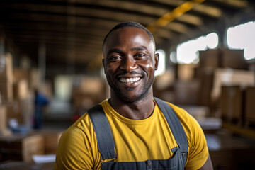 Fototapeta premium Portrait of African man worker at warehouse. Generative ai