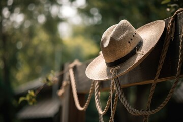 cowboy hat hanging on clothesline, with rope wrapped around the brim, created with generative ai