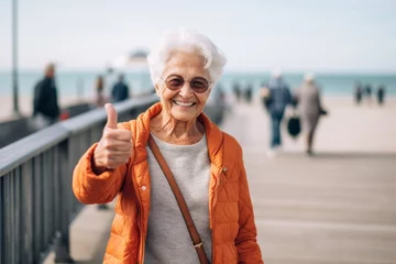 Zelfklevend Fotobehang Lifestyle portrait photography of a satisfied old woman with thumbs up against a scenic beach pier background. With generative AI technology © Markus Schröder