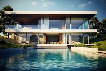 Fototapeta na wymiar Modern house with pool, Hi-tech, luxury villa, real estate, home, property, exotic garden