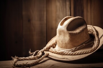 rope wrapped around cowboy hat and hanging down the back of the hat, created with generative ai