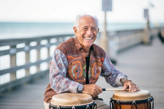 Headshot portrait photography of a grinning old man playing the drum against a scenic beach pier background. With generative AI technology