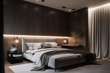 minimalist bedroom with dramatic overhead lighting and sleek surfaces, created with generative ai