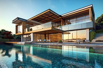 Modern house with pool, Hi-tech, luxury villa, real estate, home, property, exotic garden