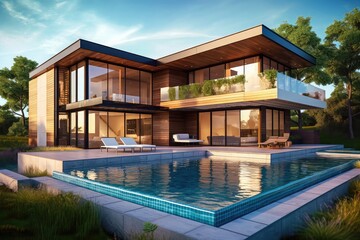 Modern house with pool, Hi-tech, luxury villa, real estate, home, property, exotic garden