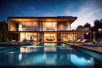 Obraz na płótnie Canvas Modern house with pool, Hi-tech, luxury villa, real estate, home, property, exotic garden