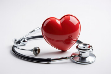 Red heart love shape with doctor physician's stethoscope on white background. Generative ai.  - obrazy, fototapety, plakaty