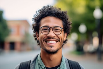 Close-up portrait photography of a grinning boy in his 30s smiling against a bustling university campus background. With generative AI technology
