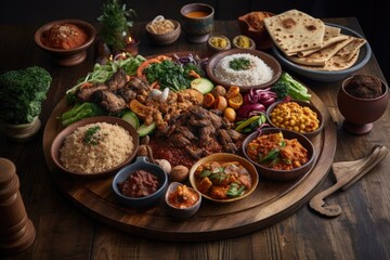 platter of authentic ethnic food, topped with spin on traditional recipes, created with generative ai