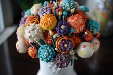 cake pop bouquet with pops of different colors, shapes and designs, created with generative ai