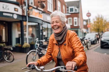 Environmental portrait photography of a happy mature woman riding a bike against a lively pub background. With generative AI technology
