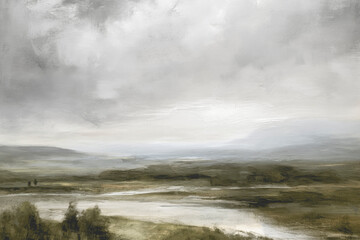 An oil painting of an English countryside view with a cloudy sky and muted green colour tone - 611041778