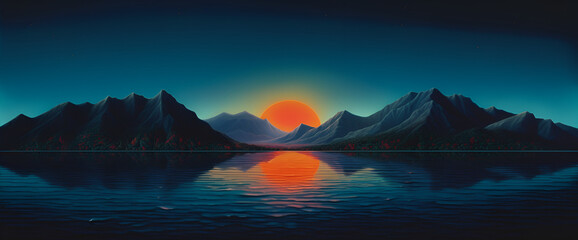in the night time, the image shows some mountains and an ocean. Generative AI.