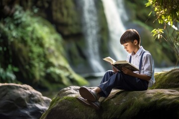 Obraz premium Environmental portrait photography of a satisfied kid male reading a book against a picturesque waterfall background. With generative AI technology