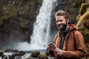 Lifestyle portrait photography of a happy boy in his 30s using the mobile against a picturesque waterfall background. With generative AI technology