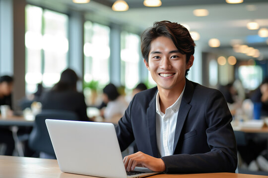 Young Asian Business Man Using Notebook For Work In Office. Generative Ai.