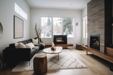 a cozy living room with a fireplace and contemporary furnishings, created with generative ai