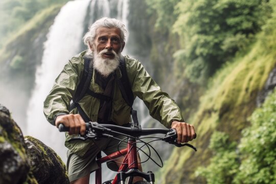 Medium shot portrait photography of a satisfied old man riding a bike against a picturesque waterfall background. With generative AI technology