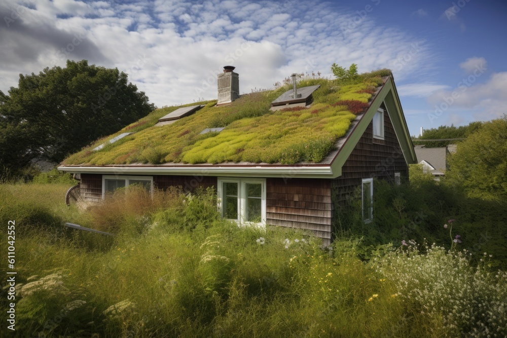 Wall mural green roof, providing insulation and reducing energy costs in eco-friendly home, created with generative ai