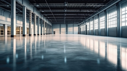 Industrial building or modern factory for manufacturing production plant or large warehouse, Polished concrete floor clean condition and space for industry product, Generative AI