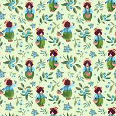 Seamless watercolor pattern with blueberry and cute bear on green background in nursery style