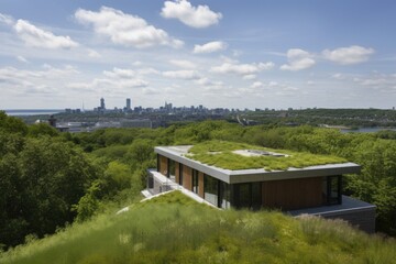 green roof on eco-friendly home, with view of the surrounding cityscape, created with generative ai