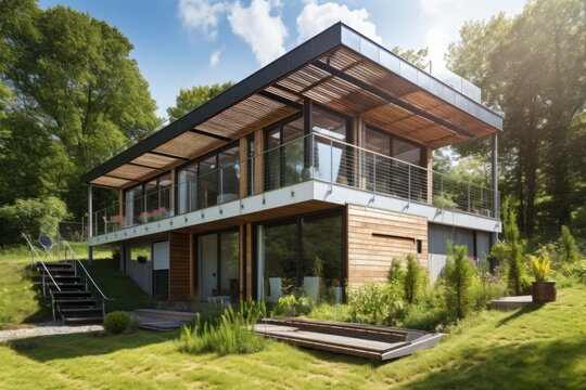 eco-home with solar panels and energy efficient windows, created with generative ai