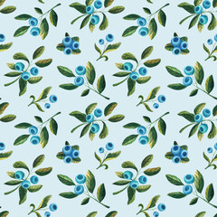 Seamless watercolor pattern with blueberry and leaves on blue background