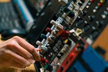 Sound Engineer Using Digital Audio Mixer Sliders Engineer Pressing Keys Control Panel Recording Studio Technician Close-up