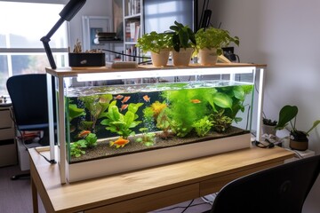 hydroponic garden growing in home office, with fish swimming overhead, created with generative ai
