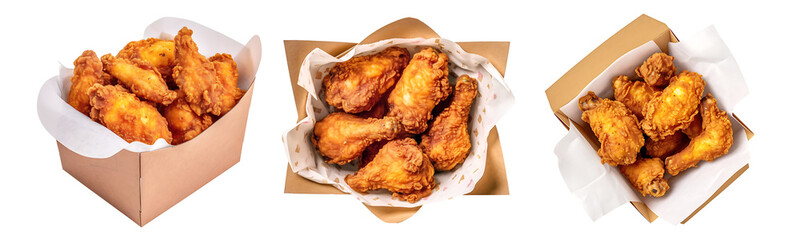 Fried Chicken on paper box, top view with transparent background, Generative AI Technology