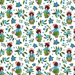 Seamless watercolor pattern with blueberry and cute bear on white background in nursery style