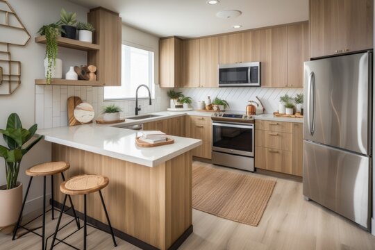 eco-friendly kitchen with energy-efficient appliances, low-flow faucets, and sustainable materials, created with generative ai