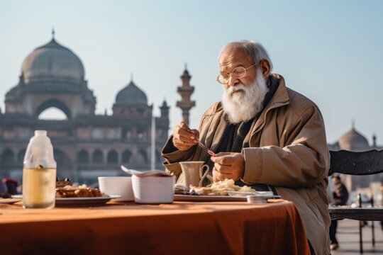 Full-length portrait photography of a glad old man having breakfast against a bustling city square background. With generative AI technology