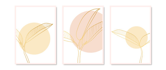 Set of vector templates with summer tropical golden leaves. Palm leaves, coconut leaf, botanical design for wall art prints, print, decor, poster art.
